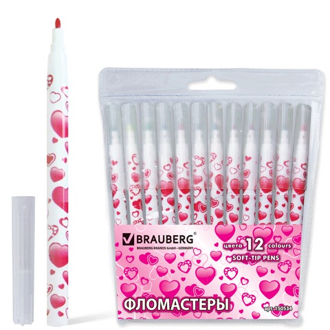 Фломастеры BRAUBERG "Hearts" (Сердечки), 12цв, вент.колп, корп.с печ, пласт.уп, ув. срок служ,150534
