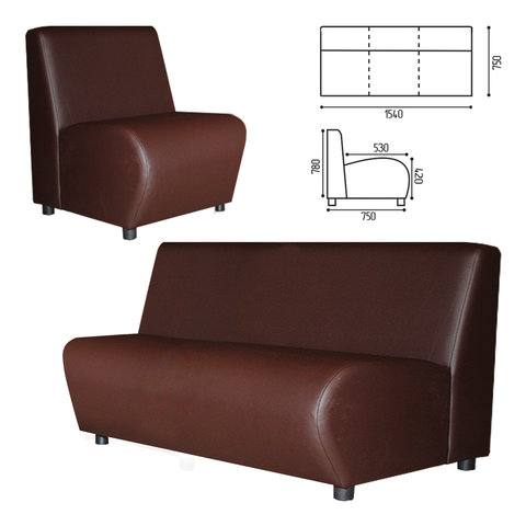 Диван трехместный «V-600», 780×1540×750 мм, без подлокотников, экокожа, коричневый