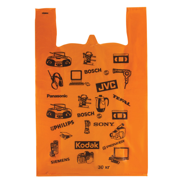 Пакеты "майка", 100 шт., 42+18х65 см, ПНД, "Электрон", 18 мкм, оранжевые, ЮПЛАСТ, ЮМАЙ1010