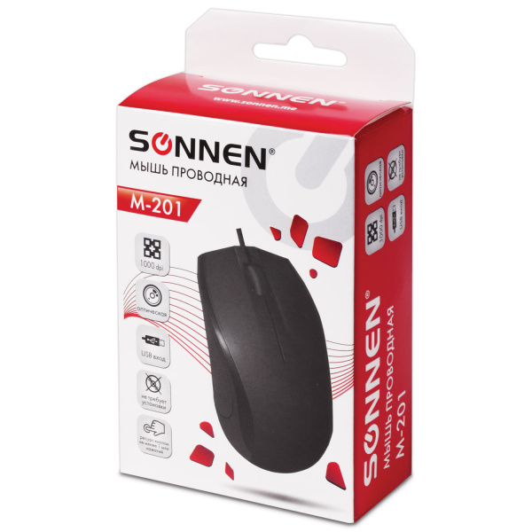 Мышь проводная SONNEN М-201, USB, 1000 dpi, 2 кнопки + колесо-кнопка, оптическая, черная  Мышь проводная SONNEN М-201, USB, 1000 dpi, 2 кнопки + колесо-кнопка, оптическая, черная