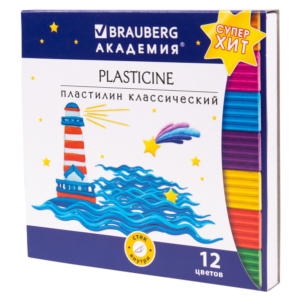 Пластилин классический BRAUBERG "АКАДЕМИЯ ХИТ", 12 цветов, 240г, стек, ВЫСШЕЕ КАЧЕСТВО, 106423