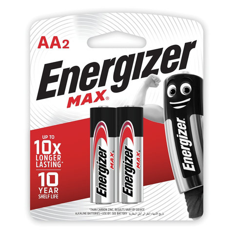 Батарейки ENERGIZER MAX AA LR6, КОМПЛЕКТ 2шт., АЛКАЛИН, 1.5В, (работают до 10 раз дольше)