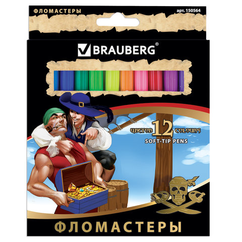 Фломастеры BRAUBERG "Pirates" (Пираты), 12цв, вент.колп, карт.уп. с зол.тисн., ув. срок служ, 150564