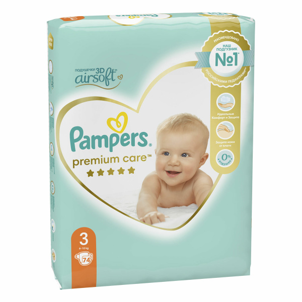 Подгузники КОМПЛЕКТ 74 шт. PAMPERS (Памперс) "Premium Care", размер 3 (6-10 кг), 8001090604644  Подгузники КОМПЛЕКТ 74 шт. PAMPERS (Памперс) "Premium Care", размер 3 (6-10 кг), 8001090604644