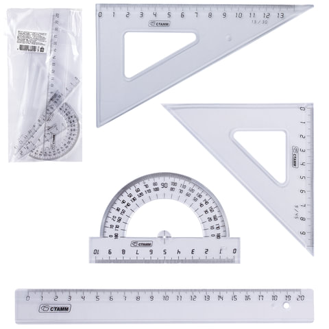 Набор чертежный средний СТАММ (линейка 20см, треугольник 2шт., трансп-р), прозрачный, НГ13