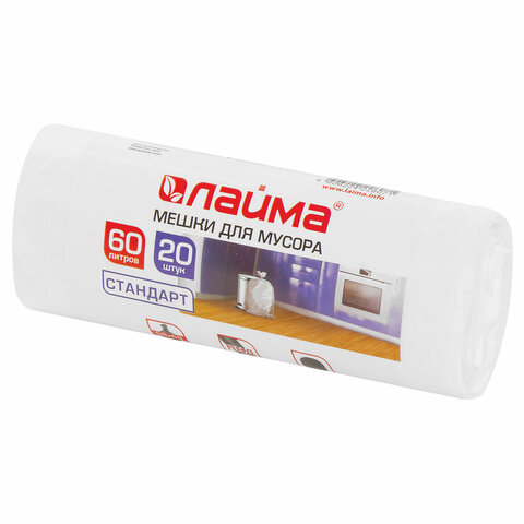 Мешки д/мусора 60л LAIMA в рулоне 20шт., ПНД 7 мкм, 58х68 см, БЕЛЫЕ