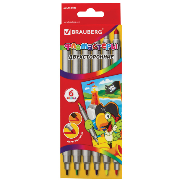 Фломастеры двухсторонние BRAUBERG 6 цветов, пишущие узлы 2 и 5 мм, вент. колп., карт. упак., 151408