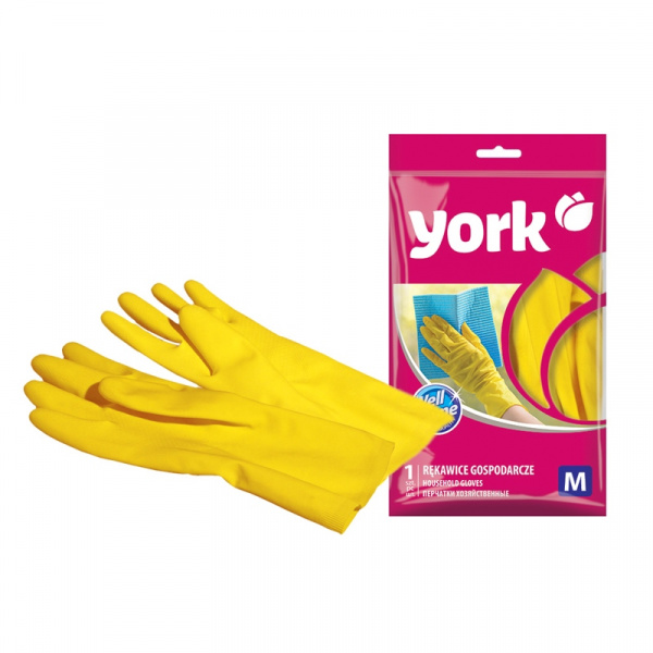 Перчатки резиновые York, суперплотные, с х/б напылением, р. M, желтые, пакет с европод.