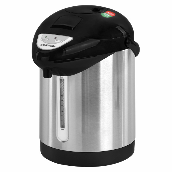 Термопот SONNEN TP-28, 3 л, 900 Вт, 1 температурный режим, ручной насос, сталь, черный/серебро