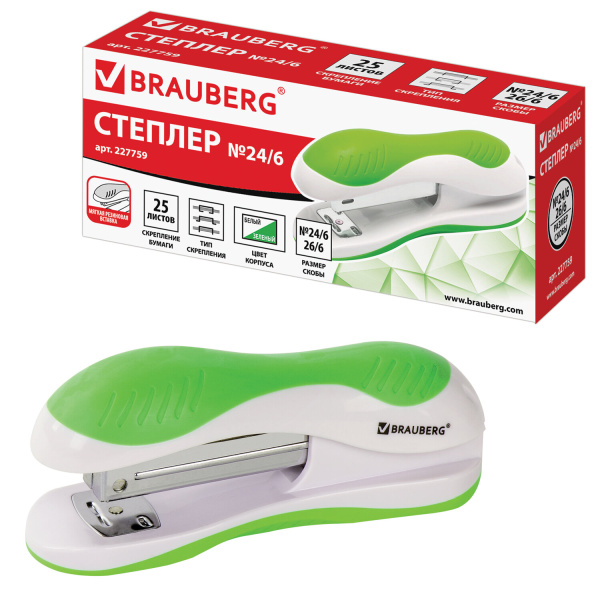 Степлер №24/6, 26/6 BRAUBERG "JET", до 25 листов, эргономичный, бело-зеленый, 227759