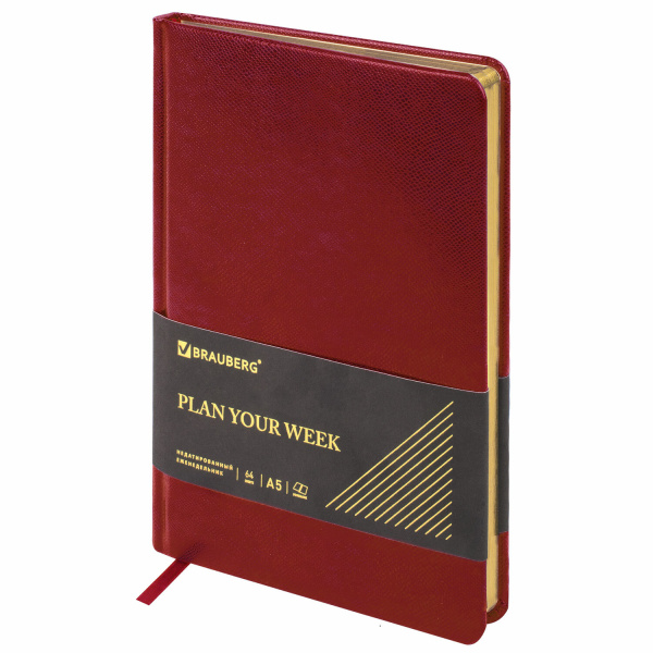 Еженедельник недатированный А5 145х215 мм, BRAUBERG "Iguana", под кожу, 64 л., красный