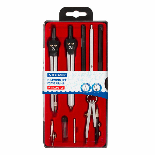 Готовальня BRAUBERG "Architect", 9 предметов: циркуль + измер + кронциркуль, рейсфедер + держатель Готовальня BRAUBERG "Architect", 9 предметов: циркуль + измер + кронциркуль, рейсфедер + держатель