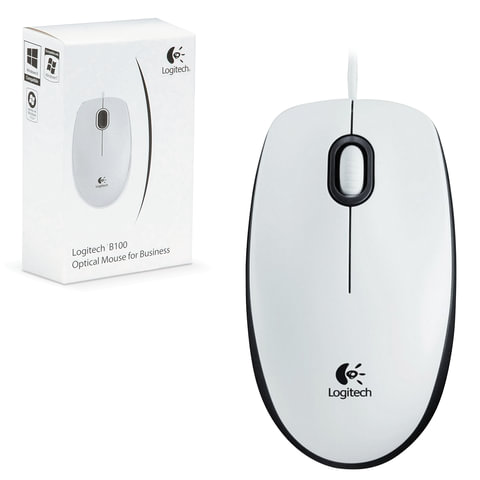 Мышь проводная оптическая LOGITECH B100,USB,2кнопки+ 1колесо-кнопка,белый,(910-003360)