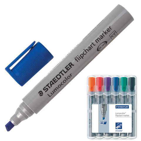 Маркеры для флипчарта STAEDTLER (ШТЕДЛЕР, Германия), набор 6 шт., скошенные, 2-5 мм, непропитывающие