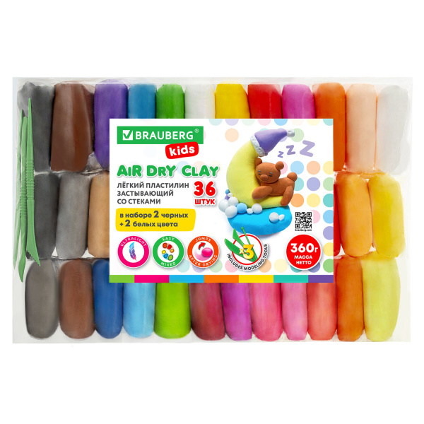 Пластилин супер лёгкий застывающий 36шт(32цв+2бел+2черн), 360г, 3 стек, BRAUBERG KIDS, 106309
