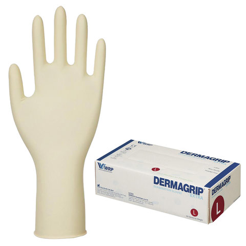 Перчатки латексные смотровые, КОМПЛЕКТ 25 пар (50 шт.), неопудренные, прочные, L, DERMAGRIP Extra, D