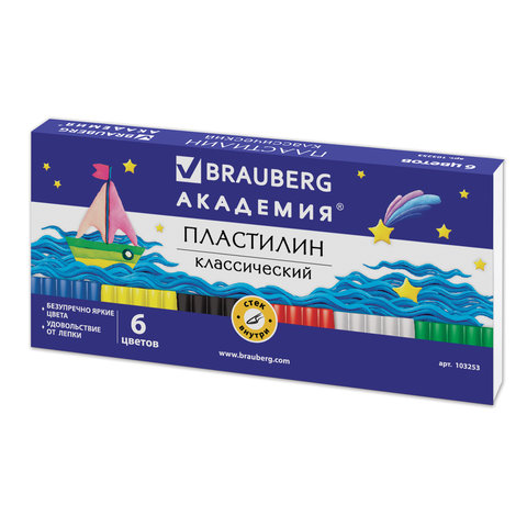 Пластилин BRAUBERG, 6 цв., 120г, со стеком, 103253