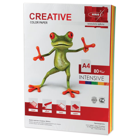 Бумага CREATIVE color (Креатив) А4, 80г/м, 100 л (5 цв.х20л.) цветная интенсив, БИpr-100r, ш/к 44486