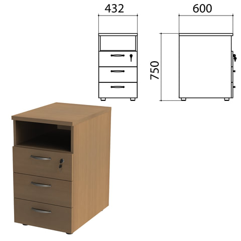 Тумба приставная "Этюд" (ш432*г600*в750 мм), 3 ящика, замок, полка, дуб онтарио 160,400065,ш/к 07040
