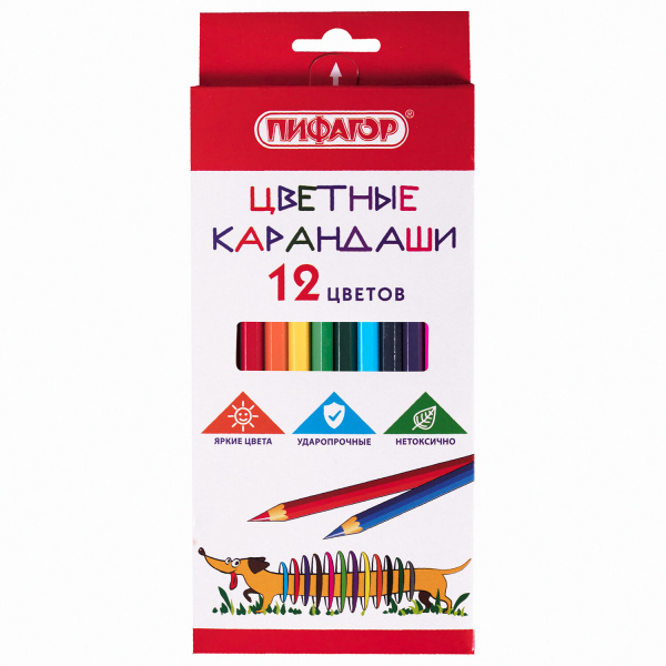 Карандаши цветные ПИФАГОР "Веселая такса", 12 цветов, классические, заточенные, 181806 Карандаши цветные ПИФАГОР "Веселая такса", 12 цветов, классические, заточенные, 181806