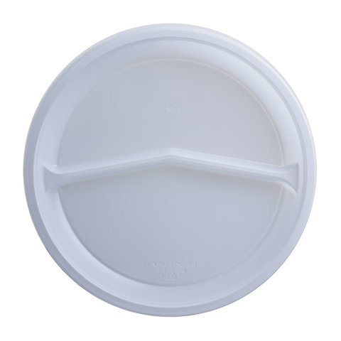 Одноразовые тарелки ЛАЙМА Бюджет, КОМПЛЕКТ 100шт., пластик. 2секцион, d=220мм, бел, ПС, хол/гор, 600