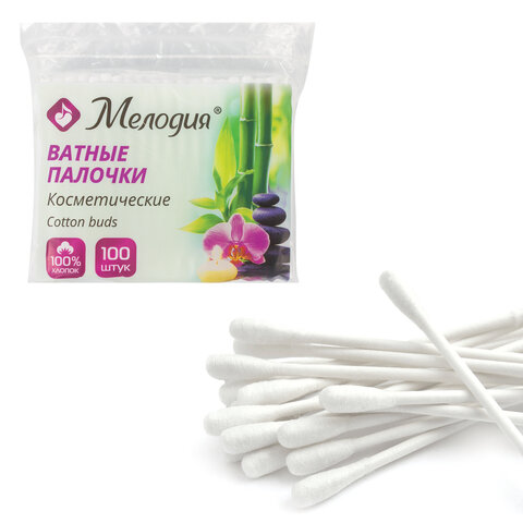 Ватные палочки 100 шт., МЕЛОДИЯ, полиэтиленовый пакет, 128854