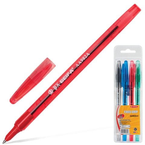 Ручки шариковые BEIFA (Бэйфа), НАБОР 4шт, корп.полупрозр, цв.детали, 0,7мм, европодв, AA982A-4,ассор