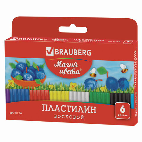 Пластилин восковой BRAUBERG, 6цв., 90г, со стеком, 103306