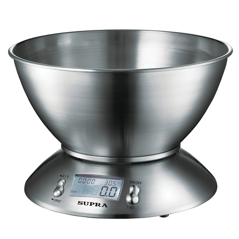 Весы кухонные SUPRA BSS-4095, чаша, макс 5кг, элект диспл, таймер, тарокомпенсация, сталь 
