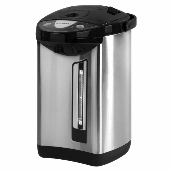 Термопот SONNEN TP-50, 5 л, 900 Вт, 1 температурный режим, 3 режима подачи воды, сталь, белый/серебр