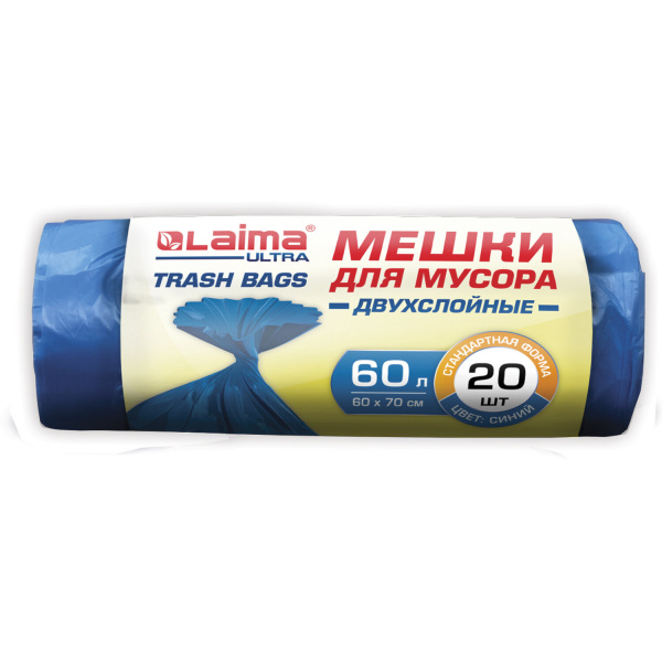 Мешки д/мусора 60л LAIMA "ULTRA" в рулоне 20шт., ПВД 21 мкм, 60х70 см, синие