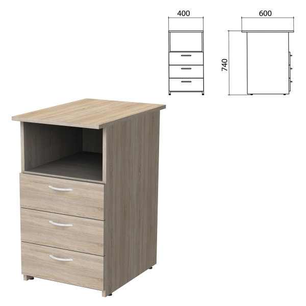 Тумба приставная "Бюджет", 400х600х740 мм, 3 ящика, полка, дуб сонома