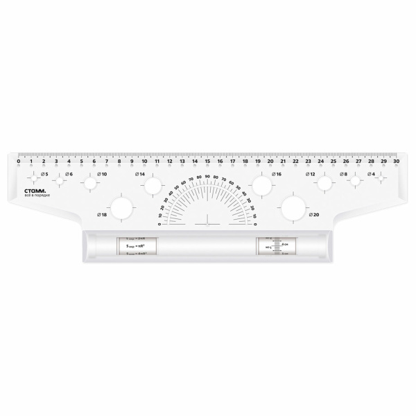 Линейка с роликом (рейсшина), СТАММ металлический ролик, 30см, с транспортиром, прозрачная, ЛР25 Линейка с роликом (рейсшина), СТАММ металлический ролик, 30см, с транспортиром, прозрачная, ЛР25