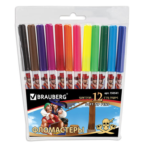 Фломастеры BRAUBERG "Pirates" (Пираты), 12цв, вент. колп,корп. с печ, пл.уп, ув.срок служ, 150541