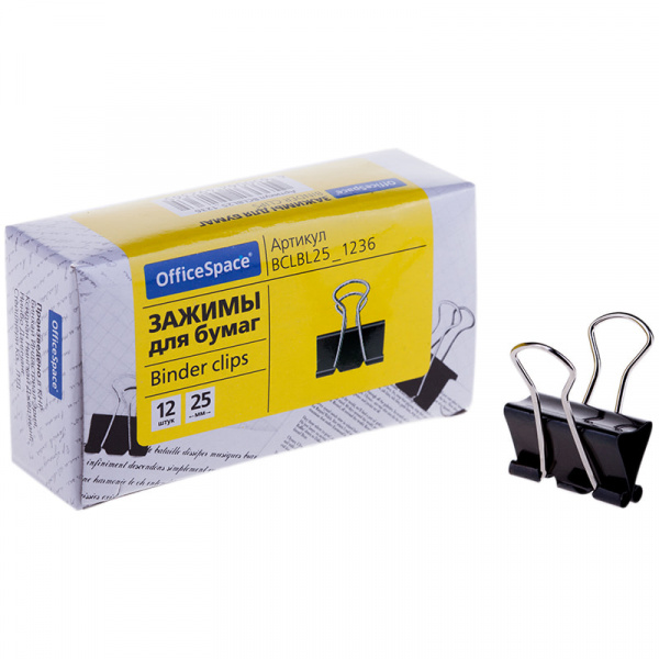 Зажимы для бумаг 25мм OfficeSpace, 12шт., черные, картонная коробка
