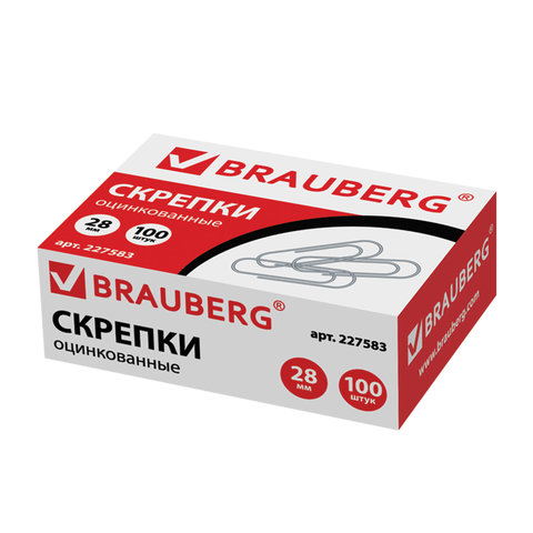 Скрепки BRAUBERG 28 мм, оцинкованные, 100 шт., в картонной коробке