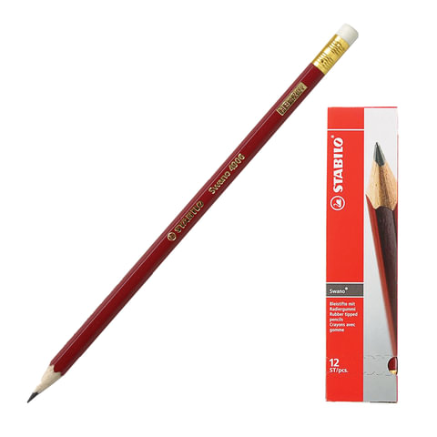 Карандаш чернографитный STABILO, 1 шт., "Swano", HB, корпус красный, с ластиком, заточенный, 4906/HВ
