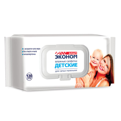 Салфетки влажные, 120 шт., для детей, SMART ЭКОНОМ, с экстрактом алоэ вера Салфетки влажные, 120 шт., для детей, SMART ЭКОНОМ, с экстрактом алоэ вера