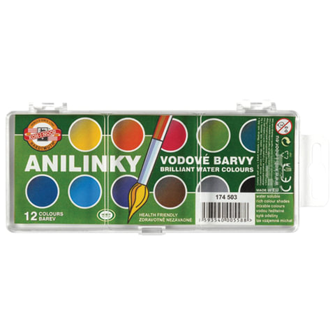 Краски акварельные KOH-I-NOOR, 12 цветов, с бриллиантовым оттенком, пластиковая коробка с европодвес