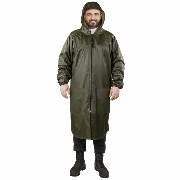 Дождевик плащ хаки С КАРМАНАМИ многоразовый на молнии, размер 56-58, рост 170-176, ГРАНДМАСТЕР, 6108