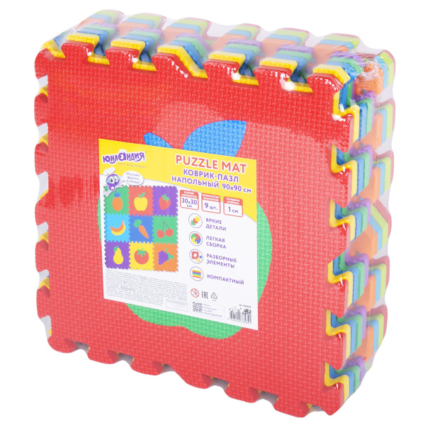 Коврик-пазл напольный 0,9х0,9 м мягкий "Фрукты-овощи", 9 частей 30х30 см, толщина 1 см, ЮНЛАНДИЯ