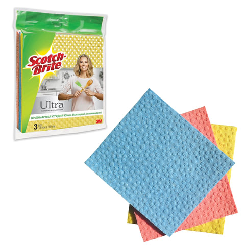 Салфетки универсальные SCOTCH-BRITE, компл 3 шт., "Плюс", целлюлоза, впитывающие, 18х20 см, SC-PLUS Салфетки универсальные SCOTCH-BRITE, компл 3 шт., "Плюс", целлюлоза, впитывающие, 18х20 см, SC-PLUS