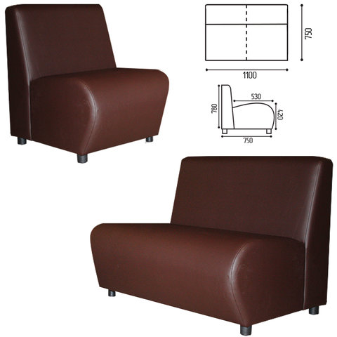Диван двухместный "V-600", 780х1100х750 мм, без подлокотников, экокожа, коричневый