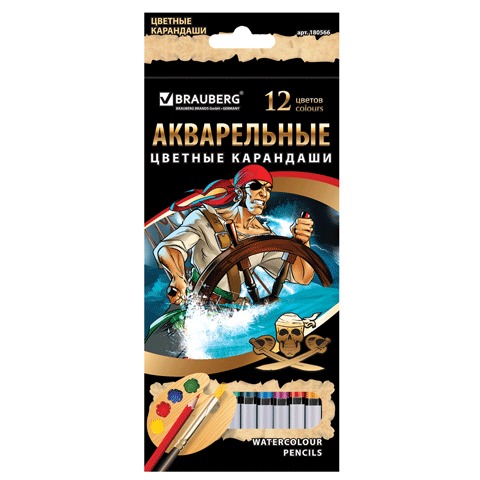 Карандаши цветные акварельные BRAUBERG "Pirates" (Пираты) 12цв, заточенные