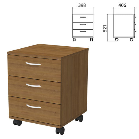 Тумба подкатная "Бюджет" (ш398*г406*в521 мм), 3 ящика, орех французский, 402656-190