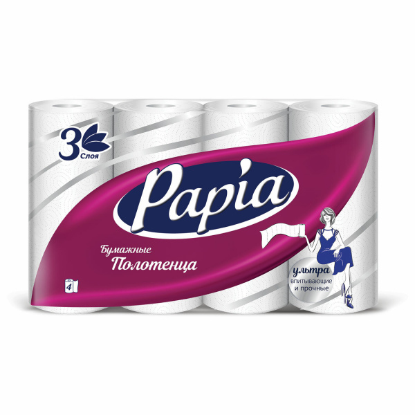 Полотенца бумажные бытовые, 3-слойные (4х11,2м), спака 4 шт. PAPIA, 23x13 см, белые Полотенца бумажные бытовые, 3-слойные (4х11,2м), спака 4 шт. PAPIA, 23x13 см, белые