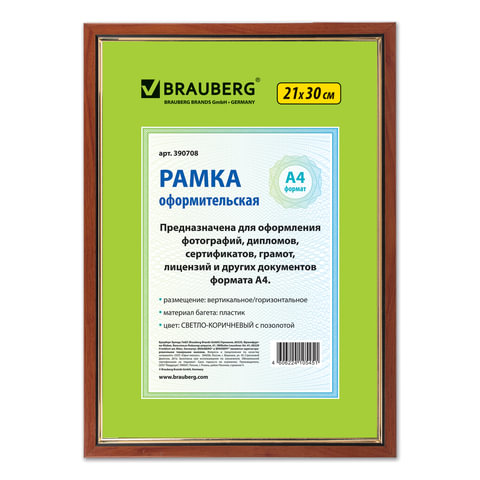Рамка 21х30см пластик, багет 15 мм, BRAUBERG "HIT", орех с позолотой, стекло Рамка 21х30см пластик, багет 15 мм, BRAUBERG "HIT", орех с позолотой, стекло