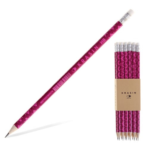 Карандаш ч/гр КРАСИН "Узоры", НВ, цветочный орнамент, круглые, с резинкой, заточ, 190 мм,01GWHB0104R