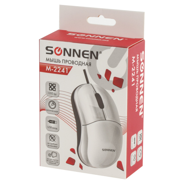 Мышь проводная SONNEN М-2241W, USB, 1000 dpi, 2 кнопки + 1 колесо-кнопка, оптическая, белая, 512634 Мышь проводная SONNEN М-2241W, USB, 1000 dpi, 2 кнопки + 1 колесо-кнопка, оптическая, белая, 512634