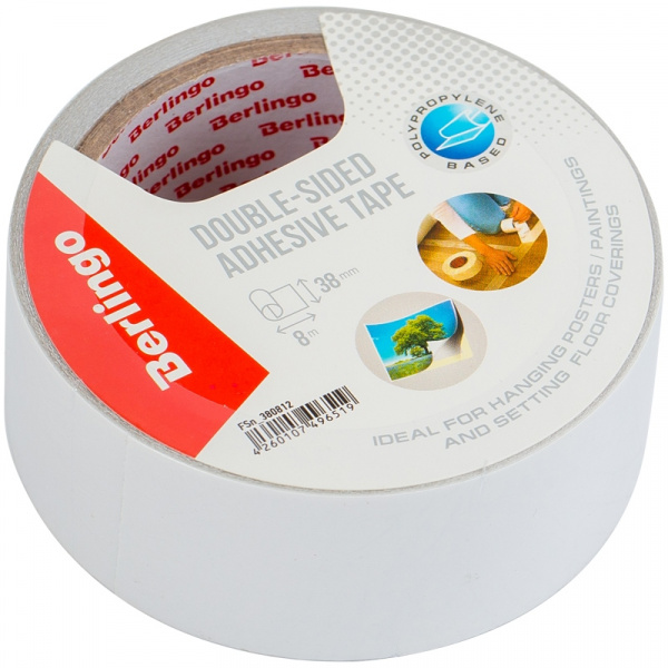 Клейкая лента двусторонняя 38мм* 8м, полипропиленовая основа, Berlingo
